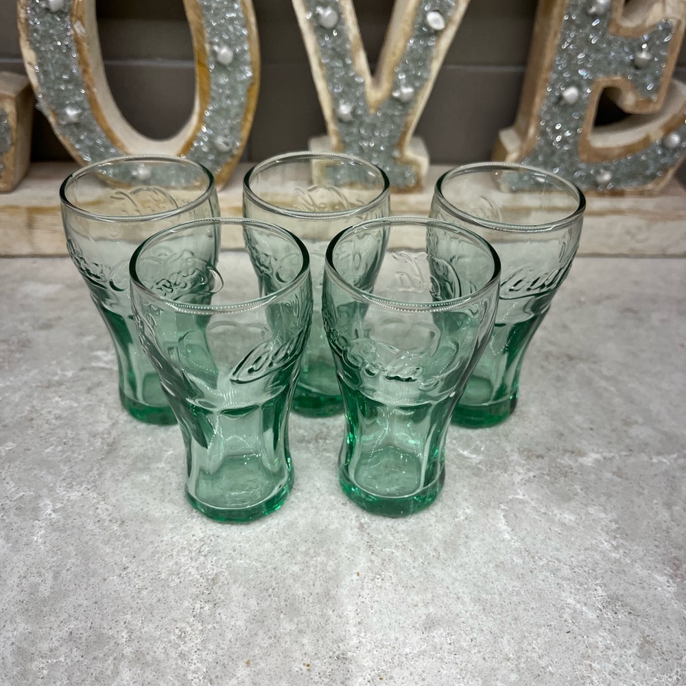 Coke / Coca-Cola “Genuine Glass” Mini Shot Glass Green 2.5oz 3.25” tall SET OF 5